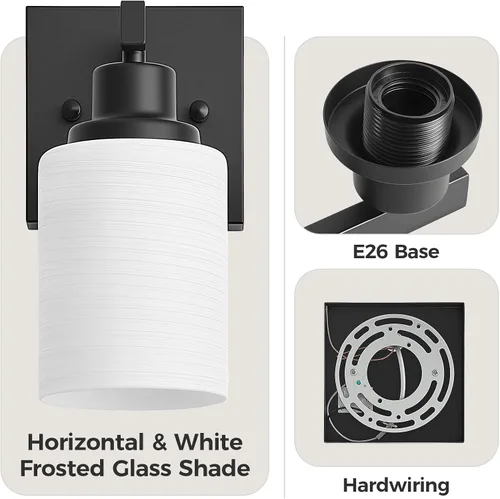 Vista 4 de Juego de 2 apliques de pared para baño, 1 luz negra, apliques de pared modernos para interiores con pantallas de vidrio blanco, lámpara de pared
