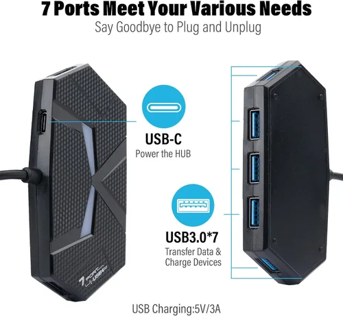 Vista 2 de Hub USB A con 7 puertos de 3.9 pies de largo, divisor de concentrador USB 3.0 múltiple, adaptador extensor USB para laptop, escritorio, PC, unidad