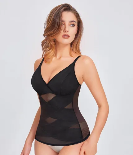Vista 2 de Body Shaper para mujer con control de abdomen, camiseta sin mangas de compresión con cuello en V y brasier integrado