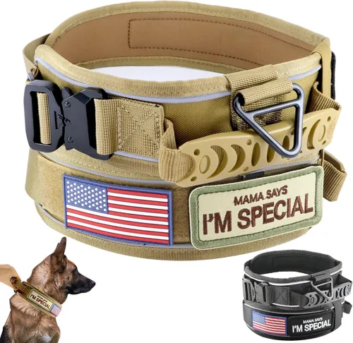Vista 9 de Collar táctico de 2.5 pulgadas para perros medianos, collar de perro ajustable de nailon militar resistente con costuras reflectantes y mango