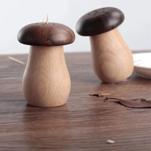Vista 6 de TOPINCN Soporte para palillos de dientes, lindo recipiente de madera con forma de hongo para palillos de dientes, contenedor portátil