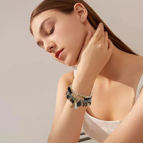 Vista 4 de Pulseras apilables de cuentas para mujer hombre juego de pulseras elásticas multicapa multicolor para reloj de joyería negro talla única