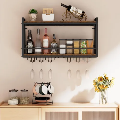 Vista 8 de Shikha - Estante de vino LED montado en la pared con soporte para vidrio Marrón rústico
