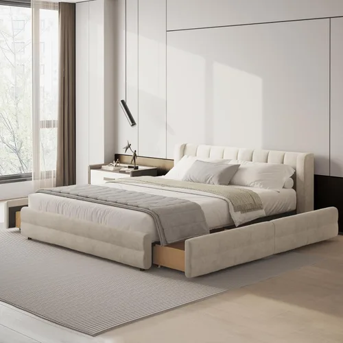 Vista 14 de Marco de cama tamaño Queen con cabecero suave tipo nube, base de cama de madera con tapizado de chenilla, no necesita somier - Beige Marco de cama