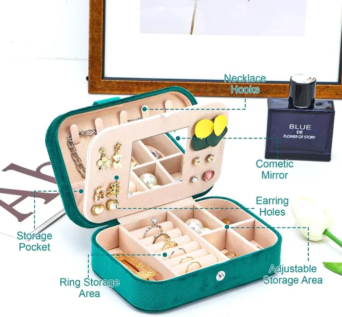 Vista 3 de Fixwal Caja de viaje de terciopelo de felpa, organizador de joyas de viaje pequeño para mujeres y niñas, joyero portátil con espejo para anillos