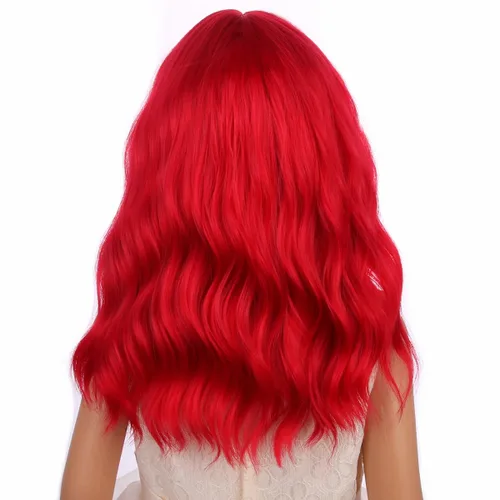Vista 4 de Peluca roja corta ondulada roja con flequillo, peluca roja para niñas, resistente al calor, pelo sintético (rojo)