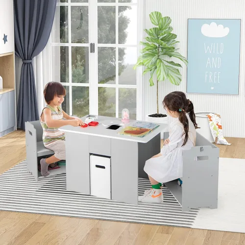 Vista 9 de HONEY JOY Juego de mesa y silla para niños, mesa convertible para niños y 2 bancos y estantería organizadora de almacenamiento de juguetes de 4