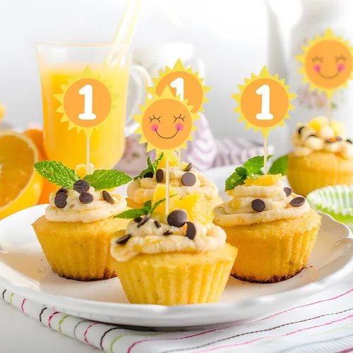 Vista 5 de Decoración para cupcakes de primer cumpleaños, decoración de pastel de sol, alimentos y frutas, para baby shower, decoraciones de cumpleaños