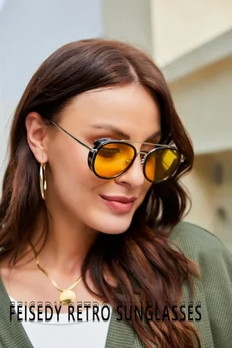 Vista 7 de FEISEDY Gafas de sol retro Steampunk estilo punk con doble puente para mujeres y hombres B2822
