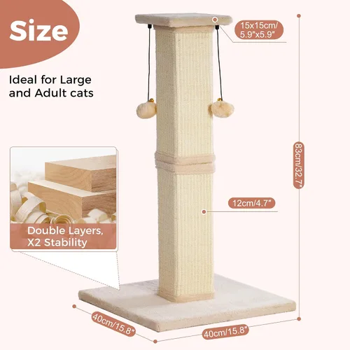 Vista 2 de Poste rascador grande para gatos con base resistente, poste rascador cuadrado resistente de sisal de 33 pulgadas y 2 bolas interactivas para colgar