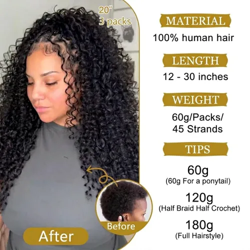 Vista 5 de Cabello humano rizado birmano de ganchillo sin nudos, con plumas previamente separadas, cabello humano Remy ligero y reutilizable con rizado birmano
