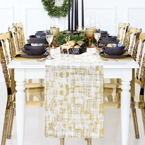 Vista 3 de Caminos de mesa color crema y dorado para decoración navideña, 72 pulgadas de largo