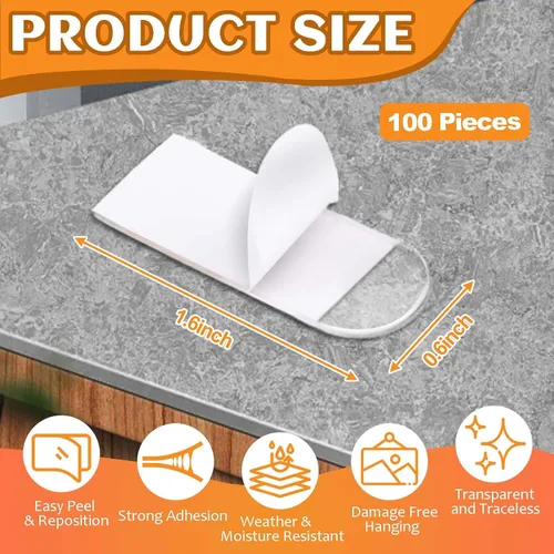 Vista 5 de 100 tiras transparentes para colgar cuadros, calcomanías invisibles de repuesto para póster, ganchos de pared resistentes, sin daños, cinta adhesiva