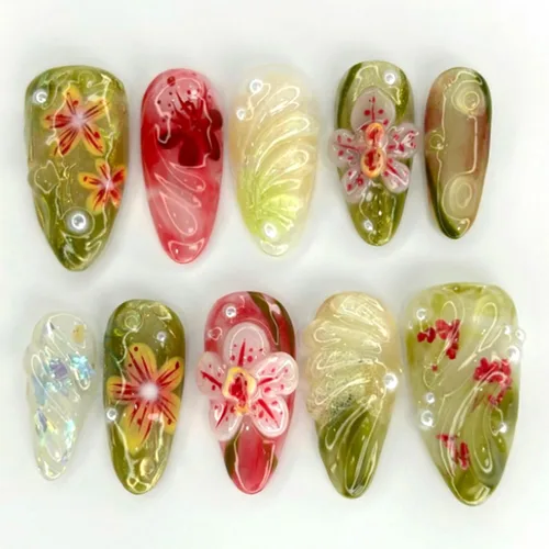 Vista 21 de 24 piezas de uñas postizas de punta francesa a presión, uñas postizas medianas en forma de almendra con diseño de ondas azul oscuro, uñas postizas