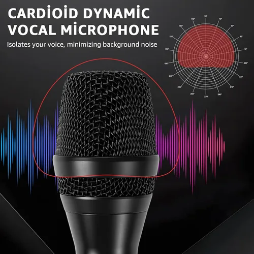 Vista 3 de Micrófono con cable para canto, micrófono vocal dinámico profesional de karaoke de mano, micrófono de estudio cardioide, 16.4 pies XLR y 6.35 MM