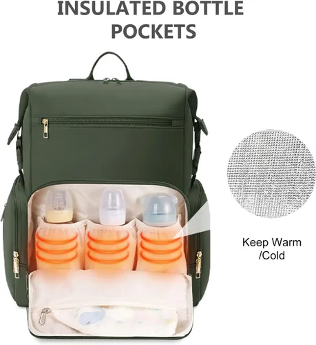 Vista 2 de CEI-CEI Mochila de neopreno para pañales con bolsillos aislados, bolsas grandes de maternidad para bebés recién nacidos, bolsa de viaje con Verde