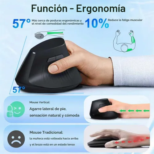 Vista 2 de Ratón ergonómico Bluetooth, mouse vertical inalámbrico recargable para túnel carpiano con conexión USBC y BT 5.0/3.0 y 2.4G, silencioso, fácil