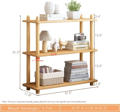 Vista 2 de IOTXY 3-Tier Wooden Shelf Bookcase, Freestanding Open Bookshelf, Oak