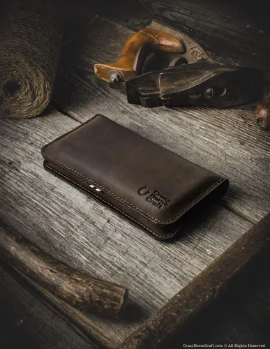 Vista 8 de Funda de cuero para 2 teléfonos, iPhone 15 Pro Max / 15 Plus, 14/13 / 12, 13/12 Mini, billetera doble, marrón madera, bolsa para teléfono móvil