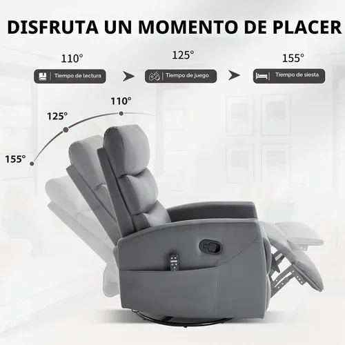 Vista 6 de Silla reclinable manual con masaje vibratorio, reclinable giratorio con control remoto, mecedora con calor lumbar, sillas reclinables con bolsillos