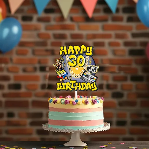 Vista 6 de Decoración de pastel de hip hop para hombres y mujeres, 30 cumpleaños, feliz retro, 70, 80, 90, decoración de fiesta de cumpleaños, fiesta