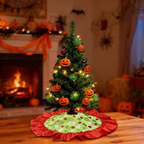 Vista 8 de Yuboo 24" Falda de árbol de Navidad de puntos rojos y verdes - Falda de árbol de mesa pequeña con volantes, tapete de árbol de Navidad mini