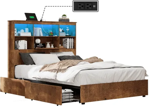 Vista 9 de LUXOAK Marco de cama tamaño Queen con cabecera de estantería LED