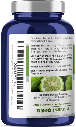 Vista 3 de NusaPure Cápsulas de bergamota cítrica, 600 mg, 200 cápsulas vegetales (sin OMG, veganas)