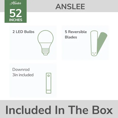 Vista 2 de Hunter Anslee, Ventilador de techo, para interiores, con luz LED, 52 pulgadas, blanco fresco Montaje estándar, cadena de tracción, 5 cuchillas