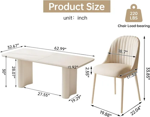 Vista 2 de Mesa de Comedor Rectangular de 63" con 6 Sillas, Mesa de Cocina Moderna Blanca con Juego de Sillas para Sala de Estar, Comedor y Cocina Blanco-A