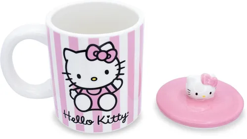 Vista 3 de Toynk Sanrio Hello Kitty - Taza de cerámica con tapa con diseño de rayas rosadas, taza de café grande para té, expreso, cacao, capacidad para 18