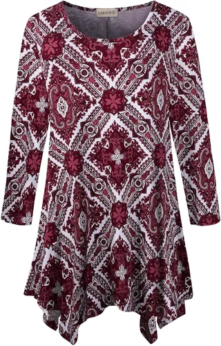 Vista 43 de LARACE - Camisa de talla extragrande para mujer, camisa tipo túnica con manga 3/4, ajuste holgado, ropa básica para mujer 2-negro_cuadros