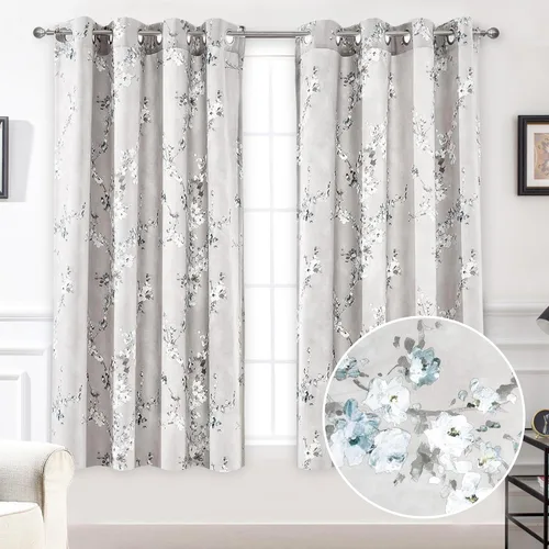 Vista 2 de DriftAway Cortinas florales grises para dormitorio, 63 pulgadas de largo, patrón estampado de ramas de flores azules y blancas, oscurecimiento