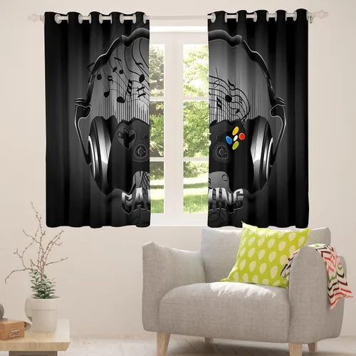 Vista 6 de Feelyou Cortinas de videojuegos negro y gris para niños, dormitorio, música, audífonos, notas, cortinas de ventana, para niños, adolescentes