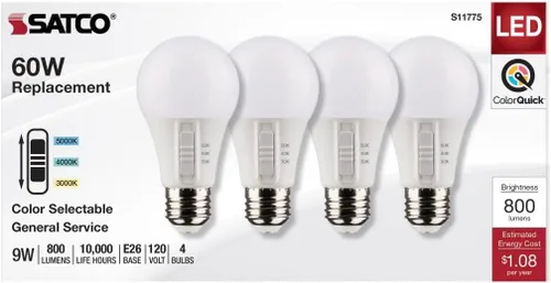 Vista 5 de Satco Bombilla LED S11775 9W 120V A19; Base mediana E26; CCT seleccionable; acabado blanco; 90 CRI (4 bombillas LED)