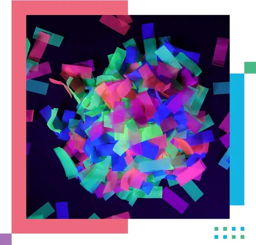 Vista 3 de Ultimate Confetti, Confeti biodegradable rectangular azul reactivo a los rayos UV, papel de seda resistente al fuego y confeti de caída lenta