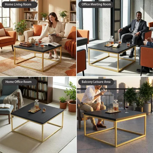 Vista 7 de CENSI Mesa de centro cuadrada de 30 pulgadas, mesa central de sala de estar de roble negro y dorado, estilo moderno estilo glamuroso industrial