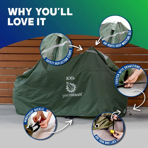 Vista 4 de YardStash Funda para bicicleta – Fundas reflectantes XXL para almacenamiento exterior – Refugios de lona de jardín impermeables y resistentes a