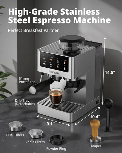 Vista 15 de AIRMSEN Máquina de café expreso con molinillo, 20 bares, varita de vapor