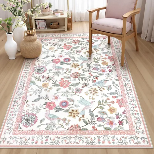 Vista 19 de Rugalia Alfombra de pasillo floral azul, alfombra lavable de 2 x 6 pies para pasillos, antideslizante, suave, de pelo bajo, con flores, pájaros, Rosa