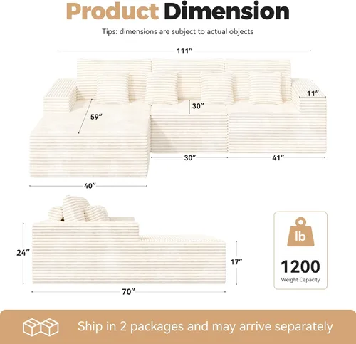 Vista 2 de 111’’ Sofás seccionales modulares en forma de nube con chaise en forma de L, sofá tapizado de asiento profundo sin huesos para sala de estar