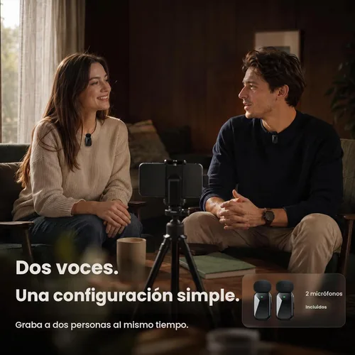 Vista 6 de Mini micrófono inalámbrico Lavalier para iPhone y cámara Android, micrófonos inalámbricos de doble canal con cancelación de ruido AI, rango de 328