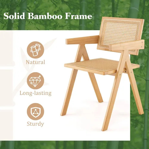 Vista 4 de Giantex Juego de 2 sillas de comedor de caña bohemia, carga máxima de 330 libras, sillas de comedor de madera, sillón de bambú para sala de estar