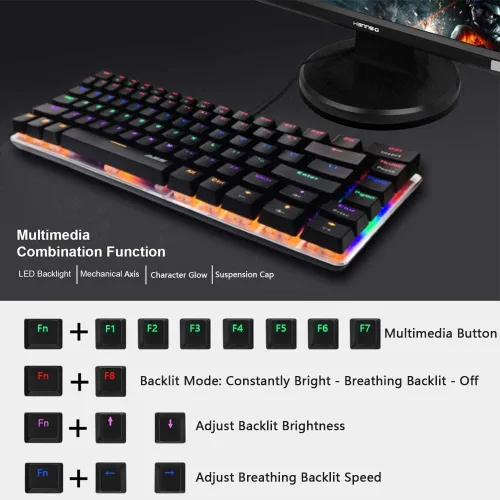 Vista 6 de LexonElec Teclado mecánico para juegos con cable tipo C de metal mecánico con interruptor azul teclado de computadora con retroiluminación LED arco