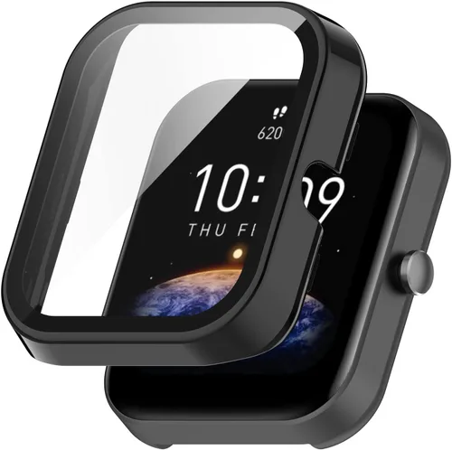 Vista 2 de Funda rígida compatible con Amazfit Bip 3 con protector de pantalla de vidrio templado, ultrafina, cobertura completa, para Amazfit Bip 3 Pro, azul