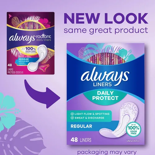 Vista 3 de Always Radiant Pantiliners, Regular, Sin fragancia, 48 Pantiliners (Paquete de 2)