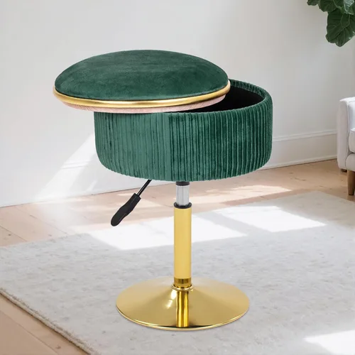 Vista 10 de Taburete de tocador ajustable con almacenamiento, silla taburete de maquillaje giratorio de 360°, otomana redonda pequeña de terciopelo con base