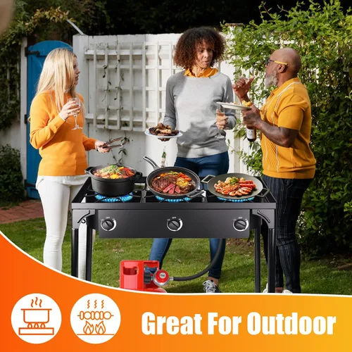 Vista 8 de Estufa de gas propano de 3 quemadores, 200,000 BTU para acampar al aire libre con patas extraíbles, regulador y manguera de 0-20 PSI, soporte