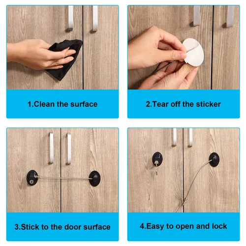 Vista 5 de Hotop Paquete de 4 cerraduras de gabinete con llaves, cerraduras adhesivas para mini refrigerador para niños y bebés, sistema de seguridad a prueba