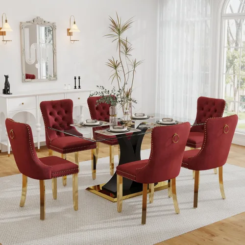 Vista 23 de Juego de comedor de cristal moderno de lujo de 7 piezas, juego de cena rectangular minimalista grande para 6, mesa de cocina de cristal transparente